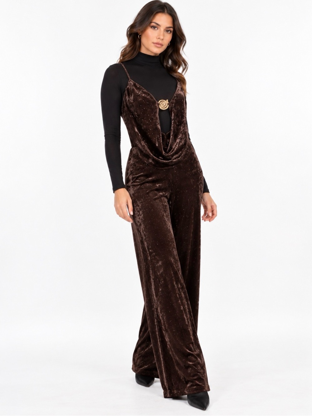 AKIRA Chocolate Velvet Cowl Ring-Front Jumpsuit - Picture 4 of 9